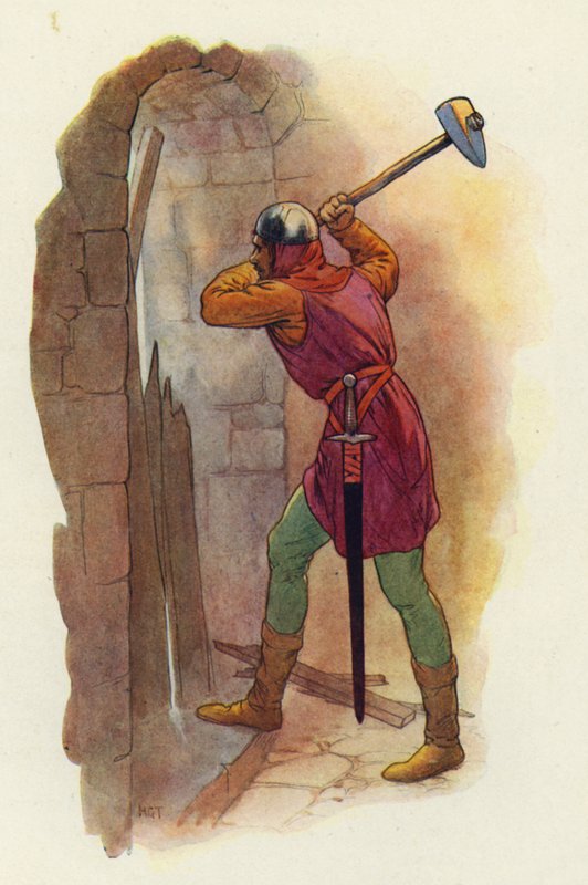 O martelo voltou a girar e, com um segundo golpe violento, abriu-lhes uma saída (litografia a cores) de Harry George Theaker