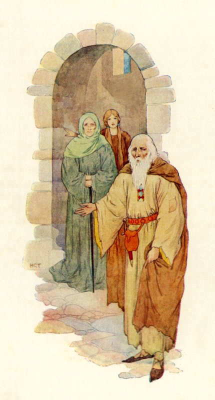 O velho convidou o cavaleiro a entrar no palácio em ruínas (litografia a cores) de Harry George Theaker
