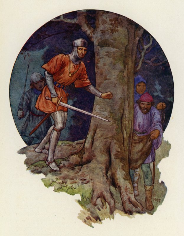 "Finalmente, os fora da lei!", gritou o xerife e, com a espada desembainhada, correu para o local onde as figuras tinham desaparecido (litografia a cores) de Harry George Theaker