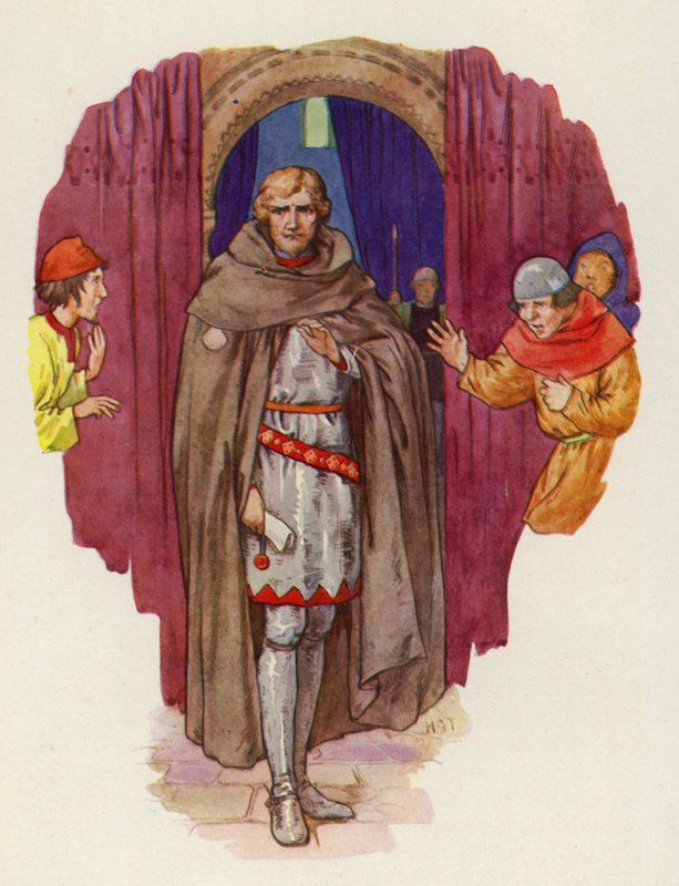 O palmeirense atirou para trás o capuz e, abrindo o manto, mostrou-o com a armadura completa (litografia a cores) de Harry George Theaker