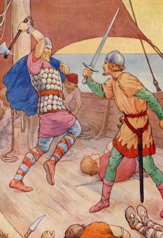 O chefe dos piratas atirou-se a Robin (litografia a cores) de Harry George Theaker