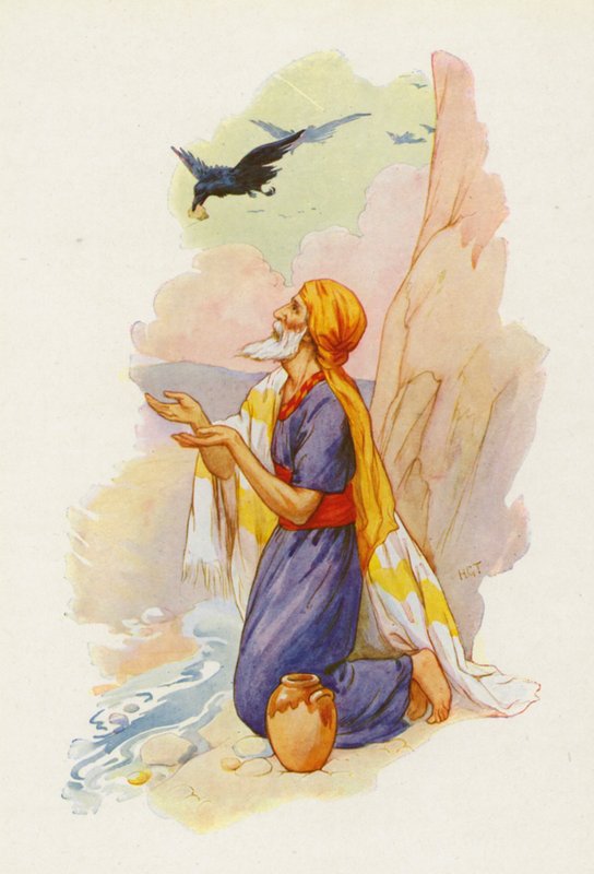 Os corvos trouxeram pão e carne a Elias (litografia a cores) de Harry George Theaker