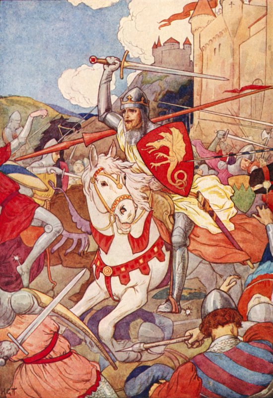 O estranho cavaleiro com a espada a brilhar (litografia a cores) de Harry George Theaker