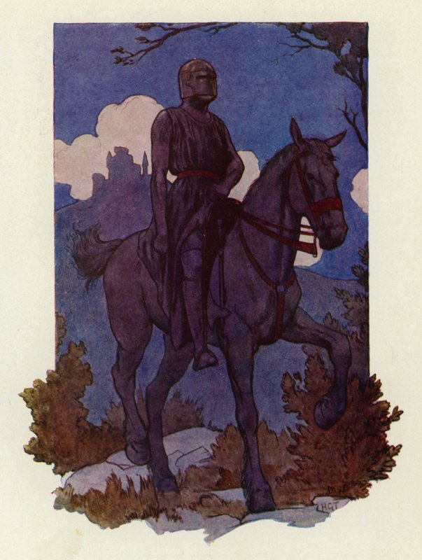 O estranho cavaleiro veio na direção deles, montado num grande cavalo preto e armado de preto (litografia a cores) de Harry George Theaker