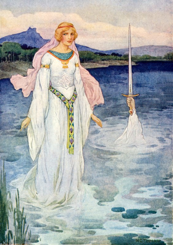 A espada e a Dama do Lago (litografia a cores) de Harry George Theaker