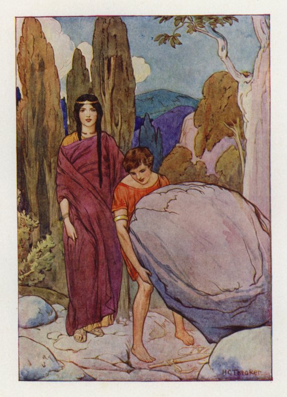 Teseu erguendo a grande rocha, sob a qual se encontravam a espada e as sandálias (litografia a cores) de Harry George Theaker