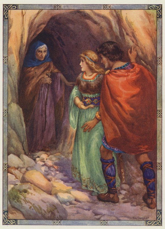 "Chegaram a uma gruta junto ao mar", Diarmuid e Grania (litografia a cores) de Harry George Theaker
