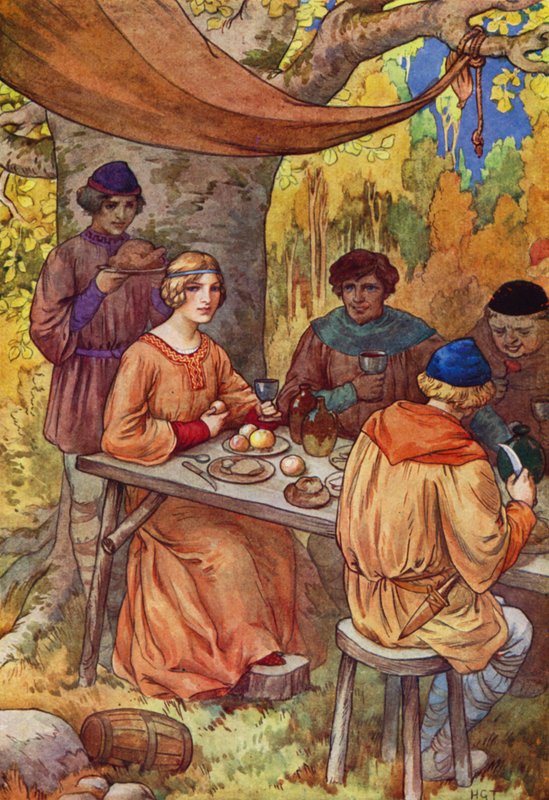 Eles festejaram alegremente, com a Marion a enfeitar a sua mesa (litografia a cores) de Harry George Theaker