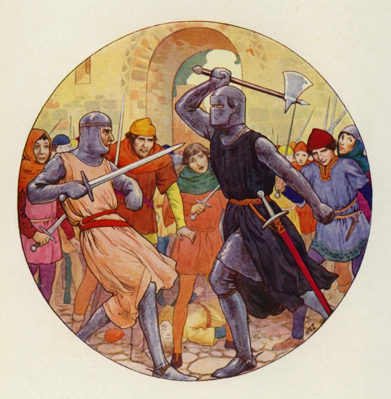 Três vezes Isambart empurrou, e três vezes o empurrão foi largo (litografia a cores) de Harry George Theaker