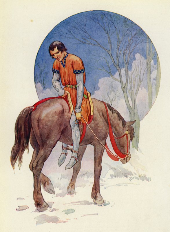Assim, Guy partiu, virado para eles, com os pés bem presos debaixo do cavalo (litografia a cores) de Harry George Theaker