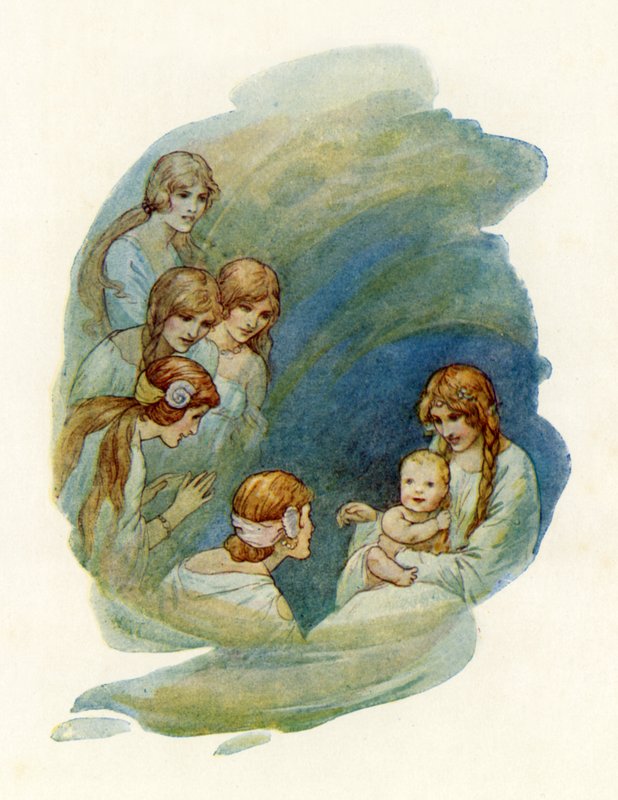 Pequeno Lancelot a acordar e a sorrir (litografia a cores) de Harry George Theaker