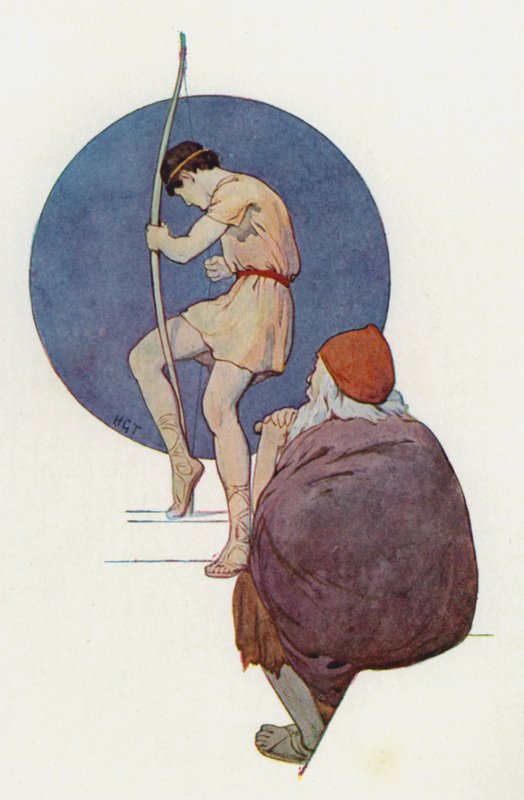 Ulisses observava os nobres enquanto tentavam, um após outro, dobrar o grande arco (litografia a cores) de Harry George Theaker