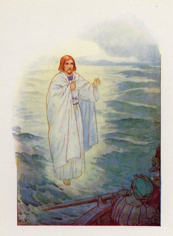 Caminhando sobre o mar revolto, os pescadores viram a figura de Jesus (litografia a cores) de Harry George Theaker