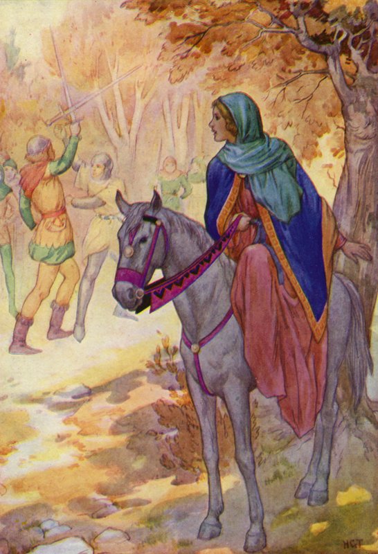 Com um gesto tão rápido que ninguém conseguia perceber como tinha sido feito, Robin arrancou a espada de Guy das suas mãos (litografia a cores) de Harry George Theaker