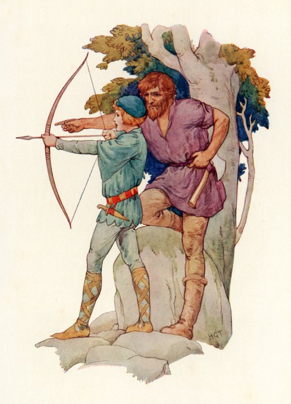 O jovem Lancelot a aprender tiro ao arco com o lenhador (litografia a cores) de Harry George Theaker