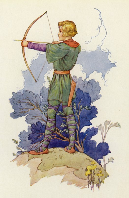 "O jovem Waltheof é agora um belo galo jovem", disse Much, "jurando que será o homem de Robin dos Bosques quando for grande" (litografia a cores) de Harry George Theaker