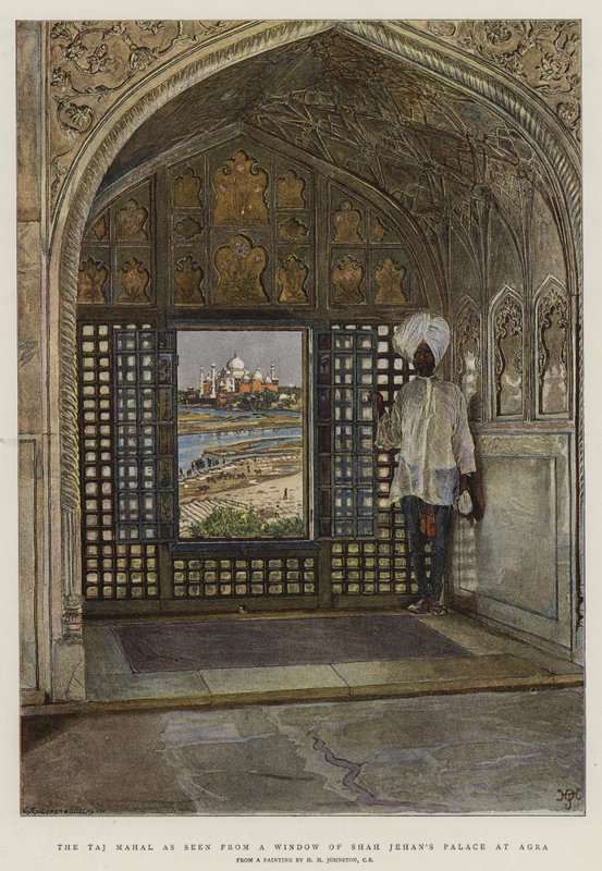 O Taj Mahal como visto de uma janela do Palácio de Shah Jehan em Agra de Harry Hamilton Johnston