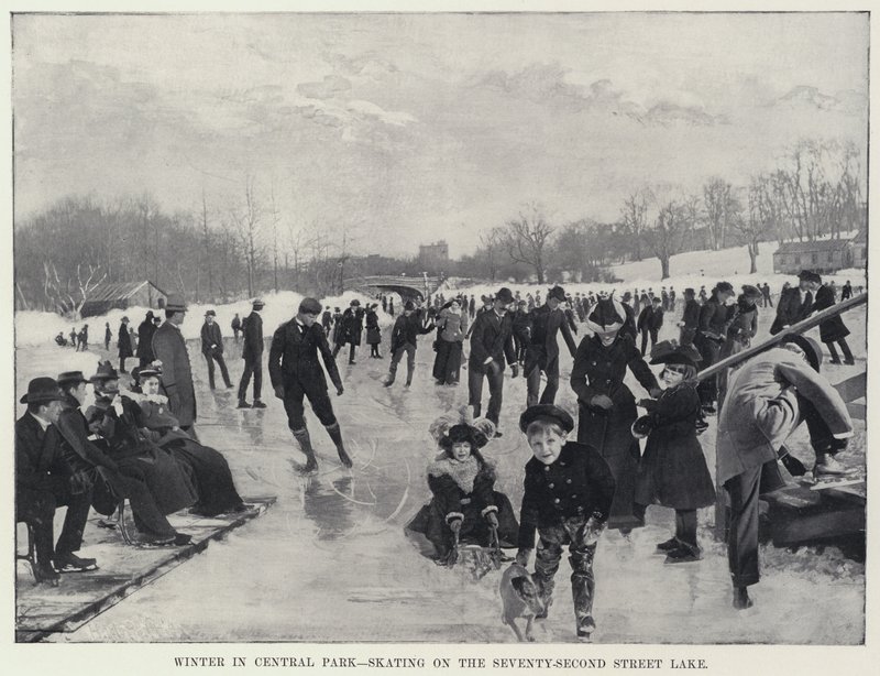 Inverno no Central Park, Patinando no Lago da Rua Setenta e Segundo (foto a p/b) de Harry M. Pettit