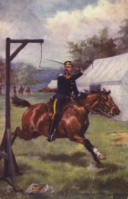 Soldado britânico do 10º Regimento de Hussardos cortando limão (litografia a cores) de Harry Payne