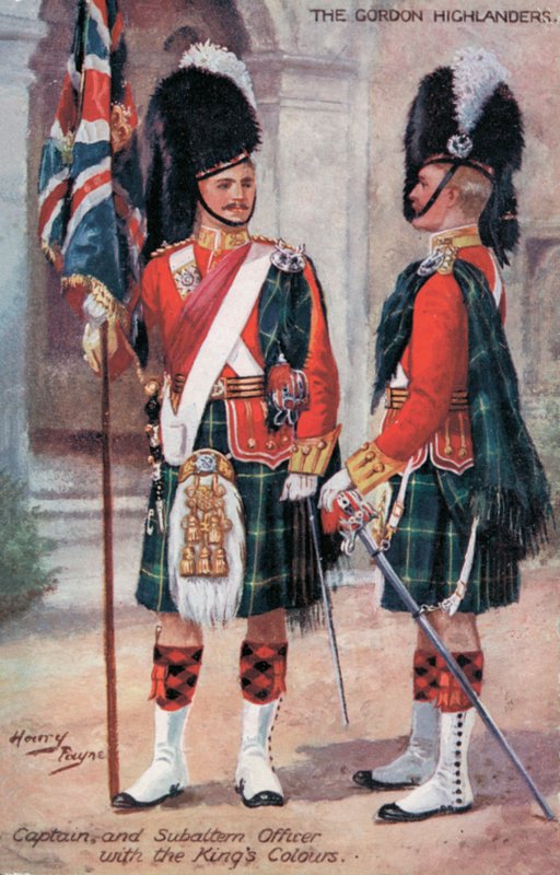 O Gordon Highlanders, Capitão e Oficial Subalternos, com as Cores dos Reis (cor litho) de Harry Payne