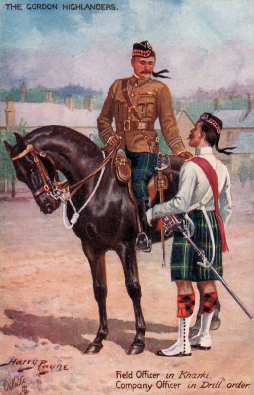 O Gordon Highlanders, Oficial de Campo em Kharki, Oficial de Companhia em ordem de perfuração (cor litho) de Harry Payne