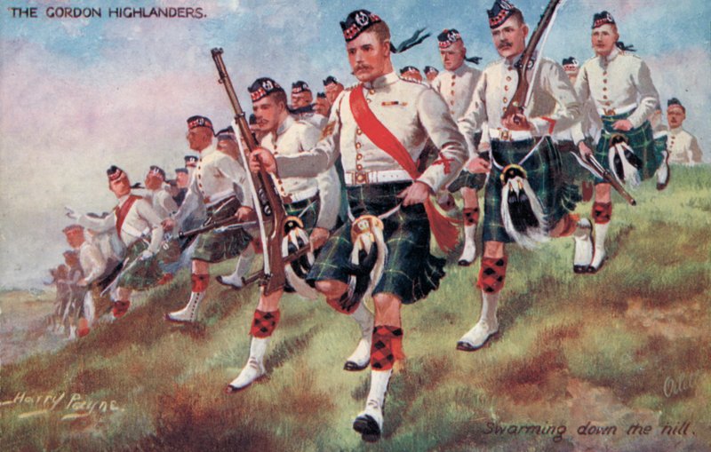 Os Highlanders de Gordon, a nadar pela colina abaixo (cor litho) de Harry Payne