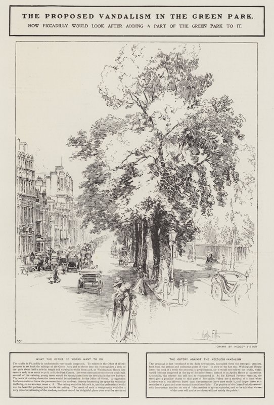A proposta de vandalismo no Green Park, Londres (litho) de Hedley Fitton