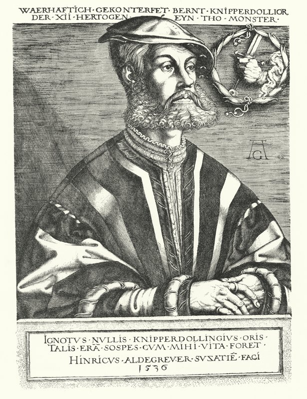 Bernhard Knipperdolling, líder anabaptista alemão e um dos líderes da Rebelião de Munster de 1534-1535 (gravura) de Heinrich (after) Aldegrever