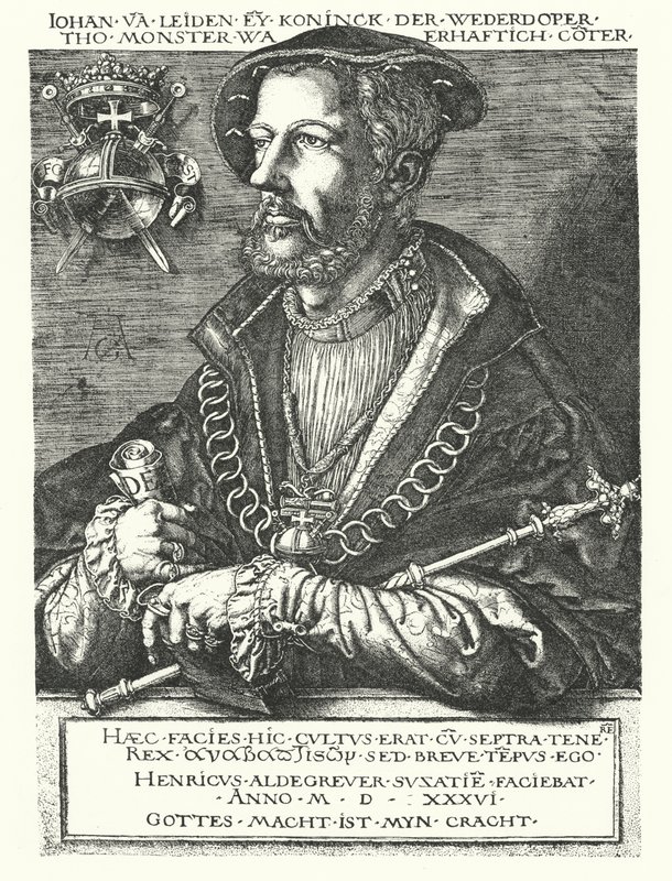 João de Leiden, líder anabaptista holandês e um dos líderes da Rebelião de Munster de 1534-1535 (gravura) de Heinrich (after) Aldegrever