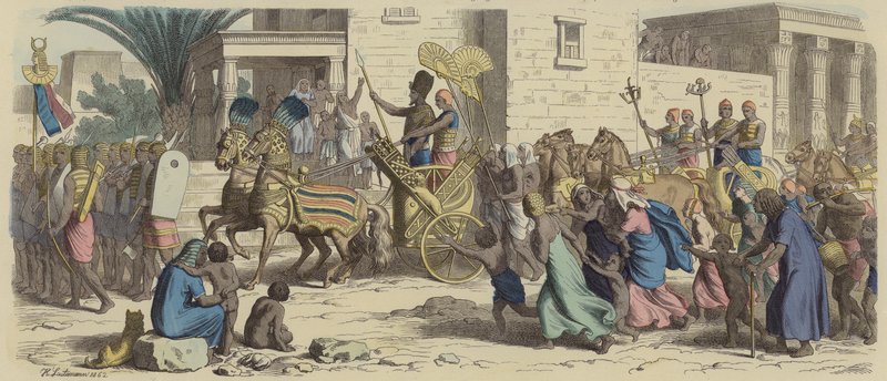 Um faraó egípcio antigo que partiu para a guerra (gravura colorida) de Heinrich Leutemann
