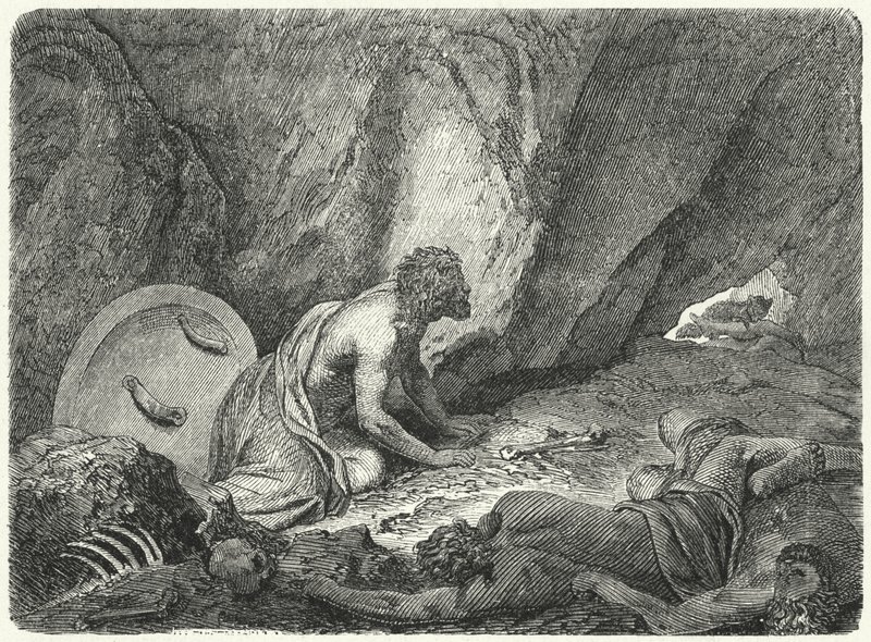 Aristómenes fugindo do poço para onde tinha sido atirado pelos espartanos (gravura) de Heinrich Leutemann