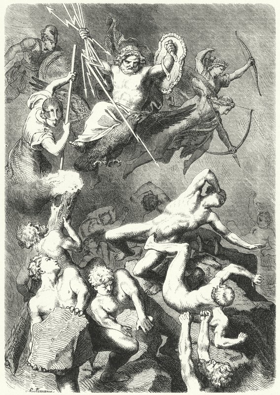 Batalha entre os Deuses Gregos Antigos e os Titãs (gravura) de Heinrich Leutemann