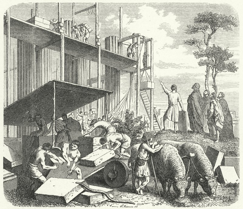 Construção de um templo na colina de Aventine, Roma (gravura) de Heinrich Leutemann