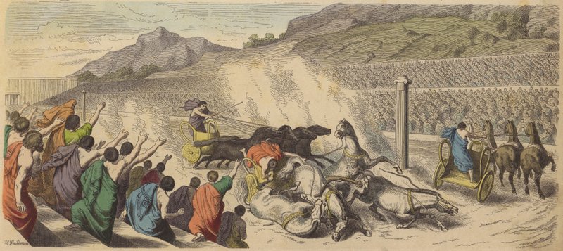 Corridas de carros nos Jogos Olímpicos da Grécia Antiga (gravura colorida) de Heinrich Leutemann