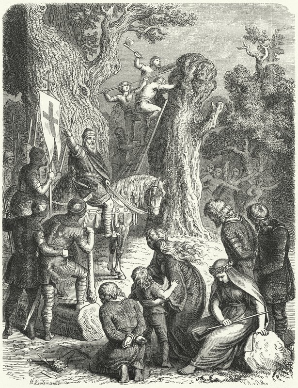 Carlos Magno ordena o corte do Irmensaule, carvalho sagrado dos Saxões, 772 (gravura) de Heinrich Leutemann