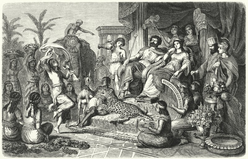 Cena da corte de um dos reinos helenísticos em que o império de Alexandre o Grande foi dividido após a sua morte (gravura) de Heinrich Leutemann