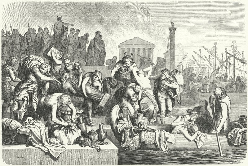 Partida de uma frota de Vandalismo carregada de saque de uma cidade saqueada (gravura) de Heinrich Leutemann