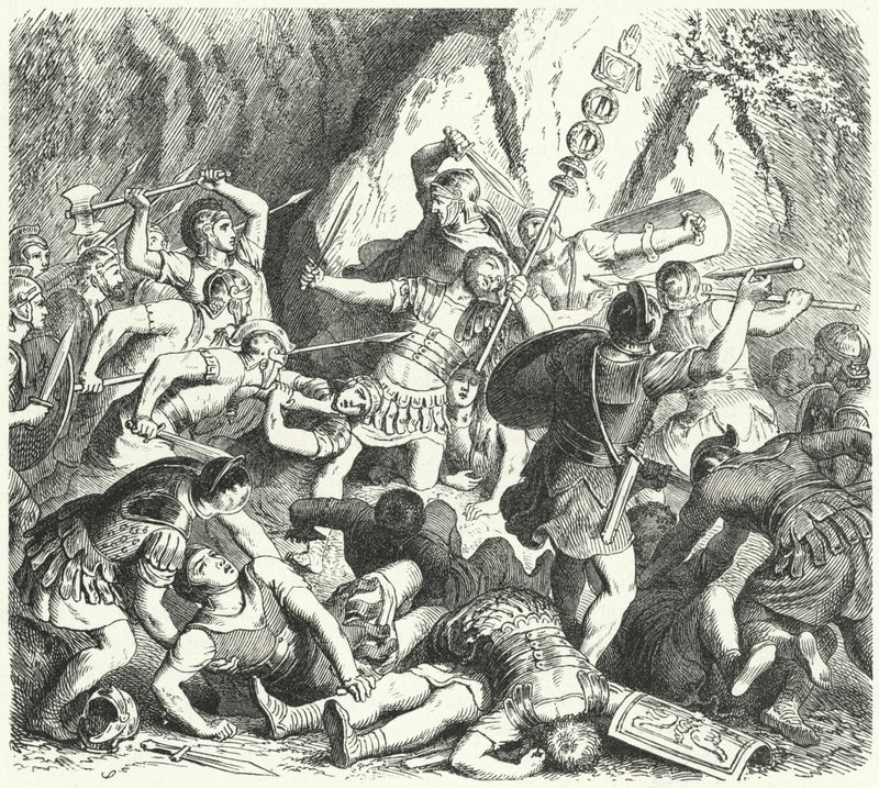 Queda dos gens romanos Fabia na Batalha de Cremera, 477 a.C. (gravura) de Heinrich Leutemann