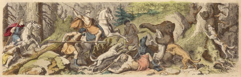 Caça aos ursos na Grécia Antiga (gravura colorida) de Heinrich Leutemann