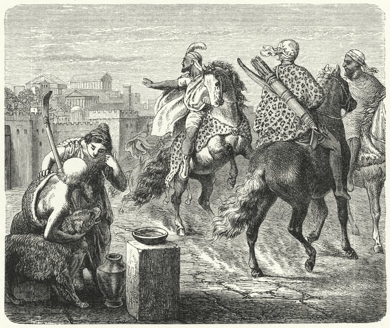 Jugurtha de Numidia deixando a cidade corrupta de Roma (gravura) de Heinrich Leutemann