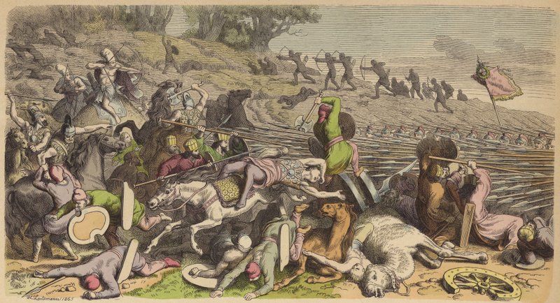 Falange macedónia numa batalha com os persas (gravura colorida) de Heinrich Leutemann