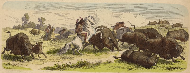 Nativos americanos na caça ao búfalo a cavalo (gravação colorida) de Heinrich Leutemann