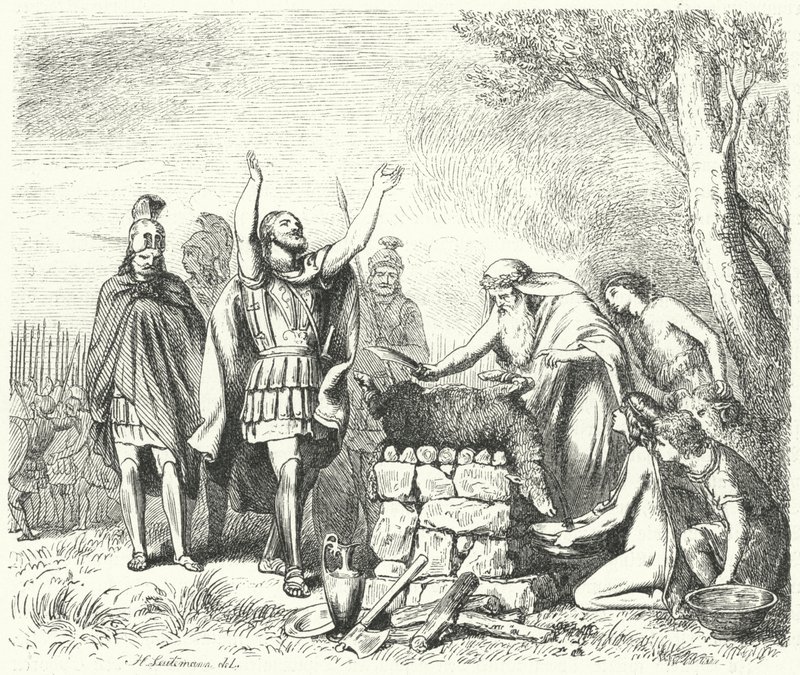 Pausânias fazendo um sacrifício aos Deuses antes da Batalha de Plataea, 479 a.C. (gravura) de Heinrich Leutemann
