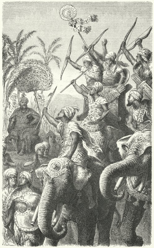 Porus, rei dos Pauravas, revendo seus elefantes de guerra (gravura) de Heinrich Leutemann