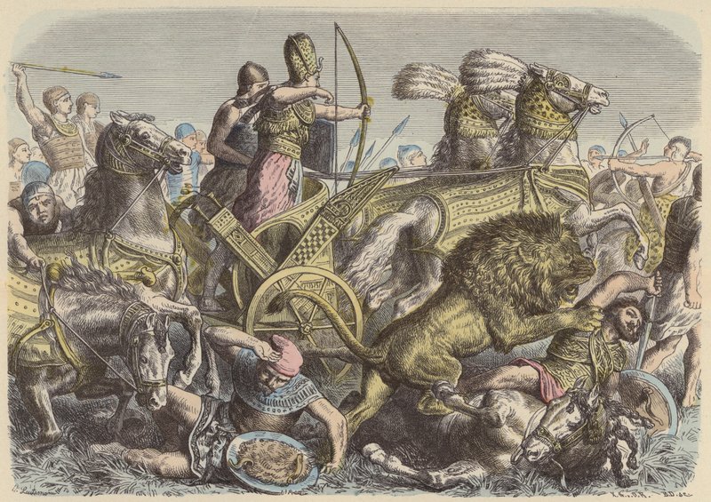 Ramsés, o Grande do Egipto no campo de batalha (gravura colorida) de Heinrich Leutemann