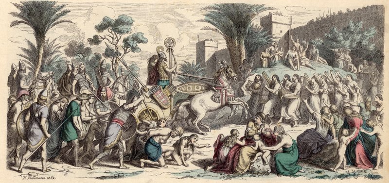Recepção de um exército assírio vitorioso (gravura colorida) de Heinrich Leutemann