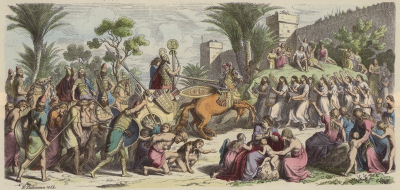 Recepção de um exército assírio vitorioso (gravura colorida) de Heinrich Leutemann