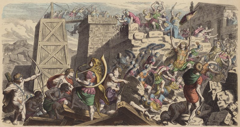 Soldados romanos invadindo uma cidade (gravura colorida) de Heinrich Leutemann
