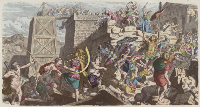 Soldados romanos invadindo uma cidade (gravura colorida) de Heinrich Leutemann