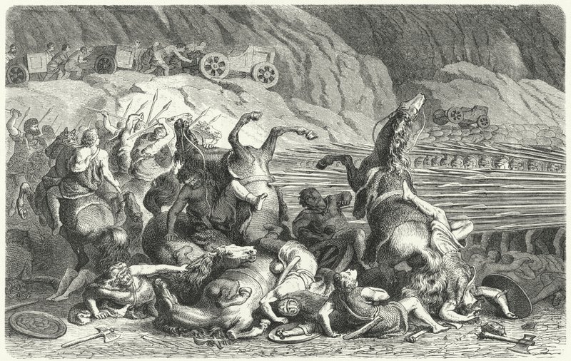 Os romanos se posicionam em formação de falange contra a cavalaria trácia (gravura) de Heinrich Leutemann